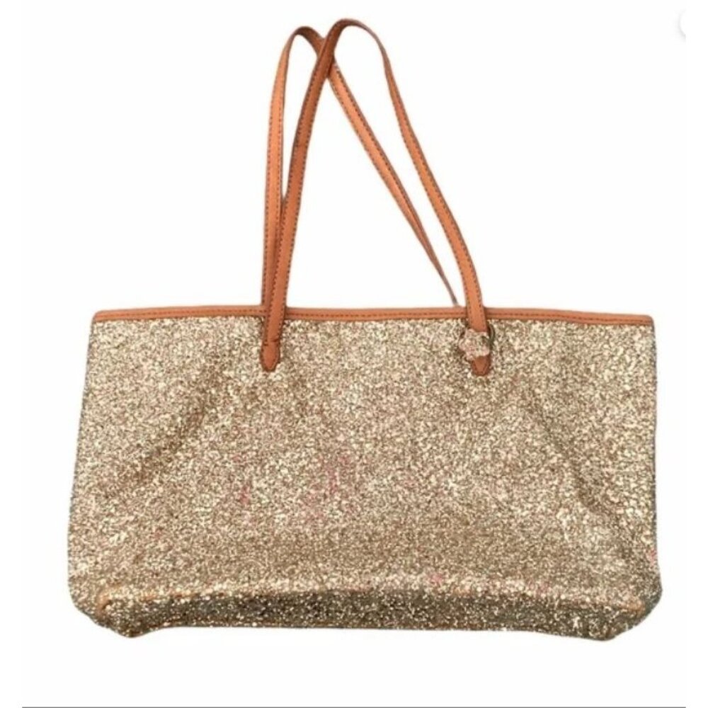 Gold Glitter Tote Bag With Faux Leather Straps 15" Width Spacious Interior Styli - Picture 2 of 8